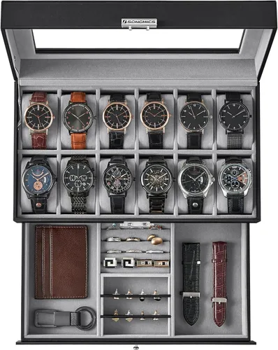 SONGMICS UJWB012 - Caja de reloj de 12 ranuras, caja de reloj con cerradura con tapa de vidrio, 2 capas, con 1 cajón para anillos, pulseras, idea de