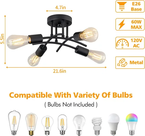 Miniatura 3 de Lámpara industrial de techo semiempotrada de 4 luces, moderna lámpara negra para cerca del techo, lámpara de araña con base E26, lámpara colgante