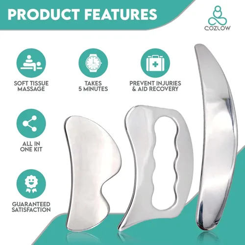 Miniatura 5 de COZLOW Juego de herramientas de raspador muscular 3 en 1, herramientas de masaje para raspar la piel para terapia IASTM, Gua Sha de tejido profundo