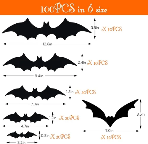 Miniatura 2 de Decoración de pared de murciélagos, 100 piezas 3D de murciélagos de Halloween, 6 tamaños diferentes de PVC negro adhesivo de murciélago