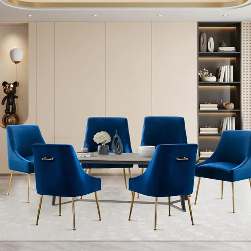 Miniatura 8 de Juego de 2 sillas de comedor de terciopelo, sillas de comedor tapizadas con patas de metal dorado pulido, sillas auxiliares de cocina de granja, Azul