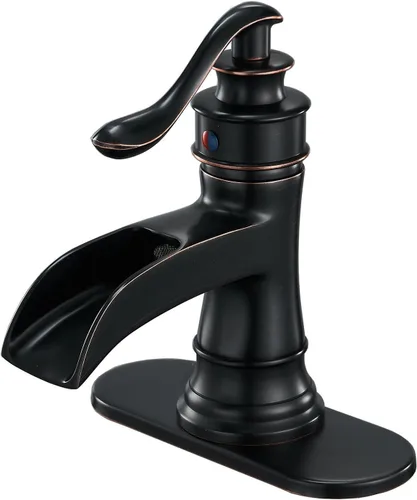 BWE Grifo de baño en cascada de bronce frotado con aceite, llave de una manija, un agujero, grifo de lavabo, estilo granja, para tocador de baño,