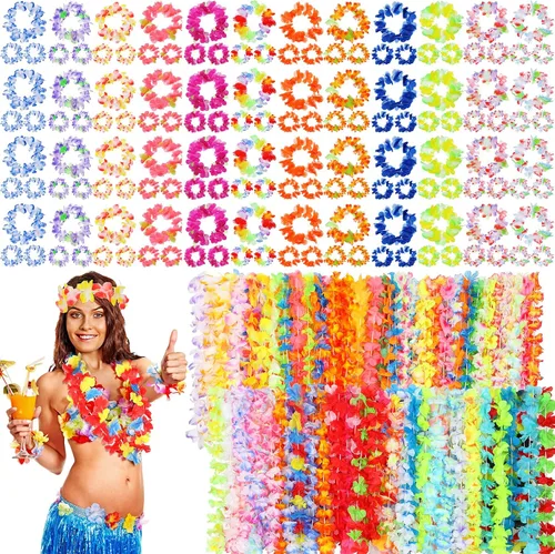 Jexine 250 piezas de Leis hawaianos a granel Luau decoraciones de fiesta hawaianas tropicales diademas y pulseras de flores Lei para regalos de