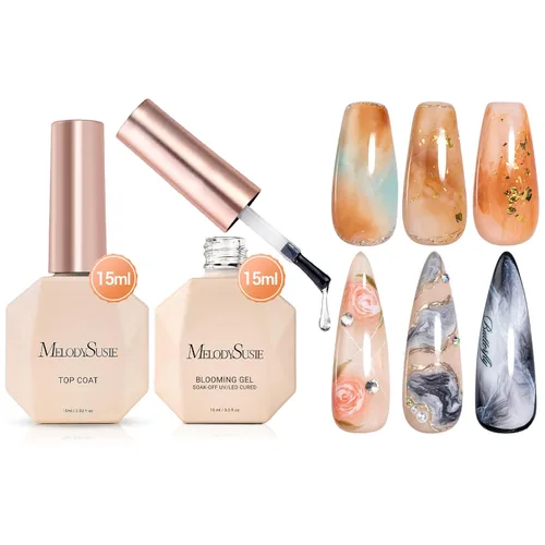 MelodySusie Juego de 2 piezas de gel floreciente transparente y capa superior para diseño de uñas, esmalte de uñas de gel UV acuarela mármol, gel de