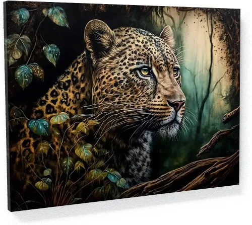 Miniatura 13 de Sense Canvas Arte en lienzo con retrato de leopardo verde 2 – Decoración del hogar para pared, póster grande 40 x 30 / 0.75 pulgadas