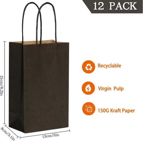 Miniatura 2 de AZOWA Bolsas de regalo de papel kraft negro con asas (negro, 12 piezas, 5 x 3.1 x 8.2 pulgadas)
