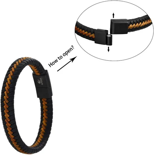 Miniatura 5 de Magna Steel Pulsera trenzada de cuero genuino para hombre con cierre magnético