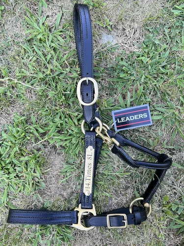 Miniatura 3 de Leaders - Cabestro de cuero para caballos con placa de nombre grabada personalizada, cabestro para caballo, negro/latón