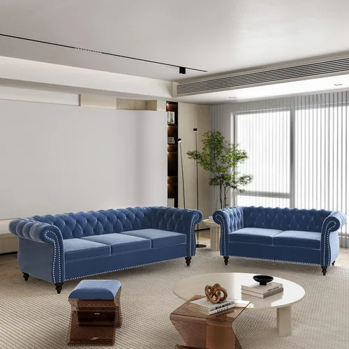 Miniatura 41 de QHITTY Juego de 2 piezas para sala de estar, Sofá Seccional Chesterfield Silla Contemporáneo Tapizado de Terciopelo Loveseat Juego de Sofás