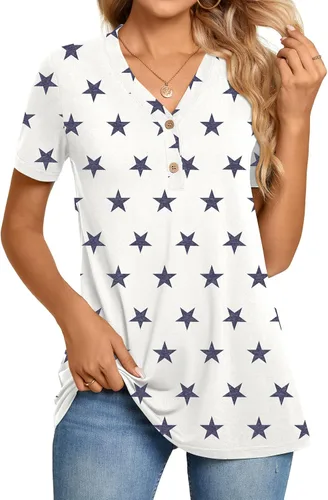 BISHUIGE Blusa tipo túnica Henley con botones para mujer, manga corta, cuello en V, estilo casual