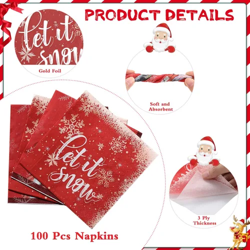 Miniatura 3 de Faccito 100 servilletas de papel de muñeco de nieve de Navidad, servilletas de cóctel de copo de nieve de invierno, servilletas de bebidas rojas