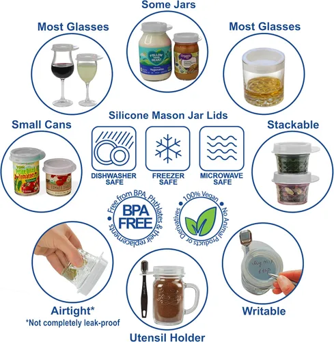 Miniatura 2 de Paquete de 4 tapas de silicona para tarros Mason con soporte para utensilios, diseño original EcoWave FlipFit y EcoPeaceful - Mismo molde y ajuste
