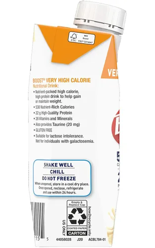 Miniatura 6 de Boost Bebida nutricional completa de calorías, muy alta, caja de vainilla, 8 onzas, paquete de 27