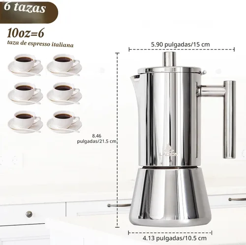 Miniatura 2 de LAOION Cafetera de Espresso para Estufa, Olla Moka de 6 Tazas 10 oz, Cafetera Cubana y Italiana de Acero Inoxidable para Cafetera Cubana, Compatible