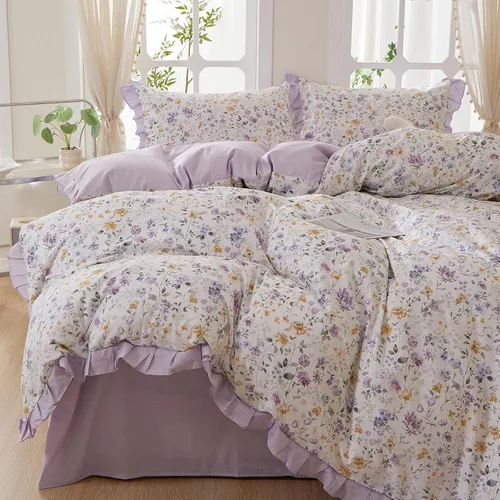 Miniatura 28 de Juego de funda de edredón blanca con estampado floral azul, juego de ropa de cama de algodón suave estilo bohemio, juego de ropa de cama estética