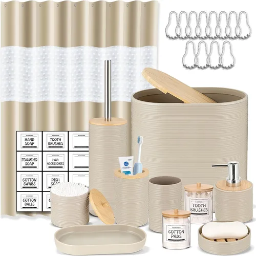 Miniatura 16 de IMAVO Juego de accesorios de baño - Juego de 11 piezas de accesorios de baño beige con cubo de basura, dispensador de jabón, jabonera, soporte