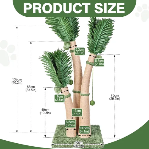 Miniatura 3 de Poste Rascador para Gatos de 40'' de Alto Árbol para Gatos, 3 Postes Rascadores de Palmera de Diseño Curvado con 8 Bolas Interactivas, Cuerda