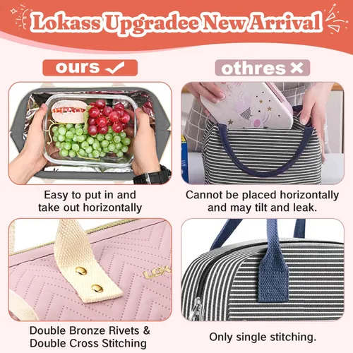Miniatura 3 de Bolsa de almuerzo aislada para mujer, bolsa de almuerzo de apertura amplia, soporte grande para bebidas, organizador térmico de nailon duradero