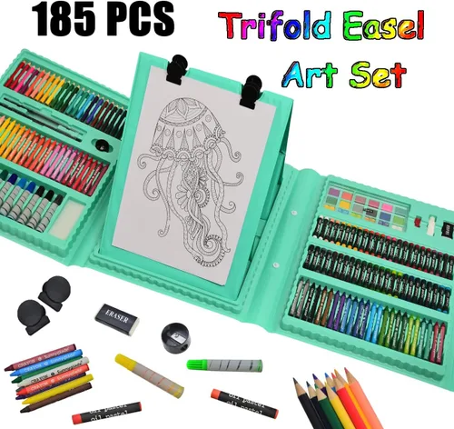 Miniatura 2 de Sunnyglade Juego de Arte de Caballete Tríptico de Doble Cara de 185 Piezas, Caja de Arte de Dibujo con Pasteles al Óleo, Crayones, Lápices de Verde