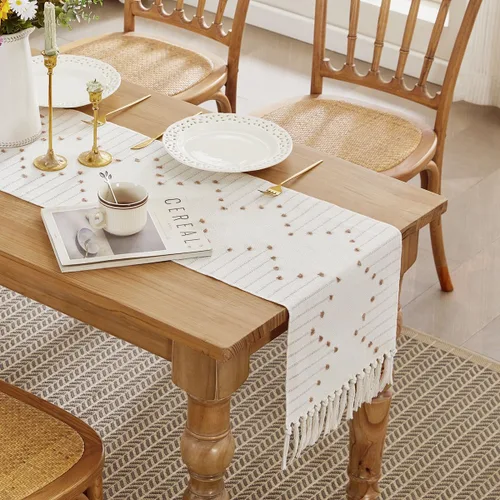 Miniatura 5 de Wracra Camino de Mesa Bohemio, Caminos de Mesa de Macramé Tejidos de Algodón Natural de 48 Pulgadas de Largo para Decoración del Hogar de Granja