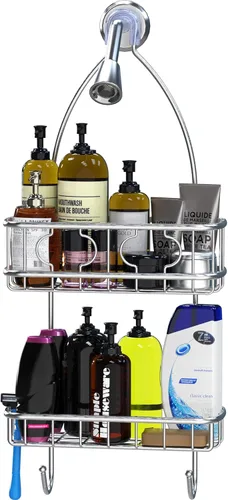 Miniatura 4 de Simple Houseware Organizador Colgante de Acero Inoxidable para Baño con Estante para Cabezal de Ducha (24 x 10.2 x 4.2 pulgadas)