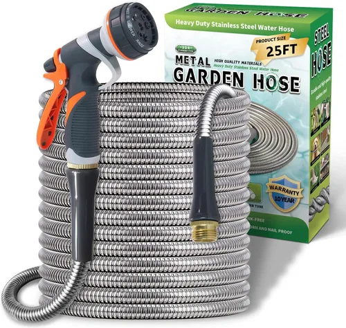 Miniatura 9 de Manguera de jardín de metal de 25 pies, manguera de jardín flexible de acero inoxidable ligera, manguera de agua resistente con boquilla de alta