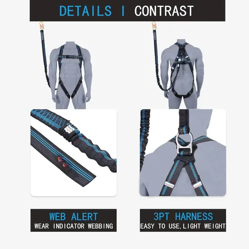 Miniatura 5 de Kit de protección contra caídas de arnés de seguridad, arnés de seguridad de cuerpo completo de 3 puntos con cordón interno de absorción de impactos