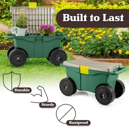 Miniatura 6 de Pure Garden - Carrito de jardín rodante con asiento, almacenamiento de plástico con banco y bandeja interior de herramientas, taburete de jardinería