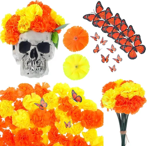 156 decoraciones del Día de los Muertos incluyen 120 flores falsas de caléndula con tallos, 36 mariposas monarca para decoración del Día de los