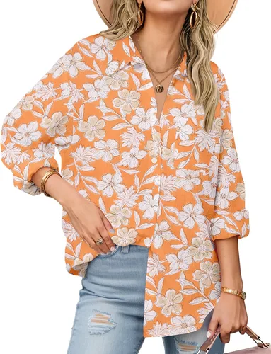 Miniatura 19 de Zeagoo - Blusas de lino con botones para mujer, de gasa, algodón, manga larga, blusas informales con cuello, corte holgado