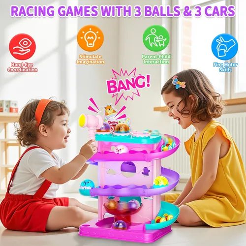 Miniatura 4 de Funwee Pista de bola rodante y coche de carreras de 2 en 1 para niños pequeños, pista de carreras con luz martillo y bola de caída, juego