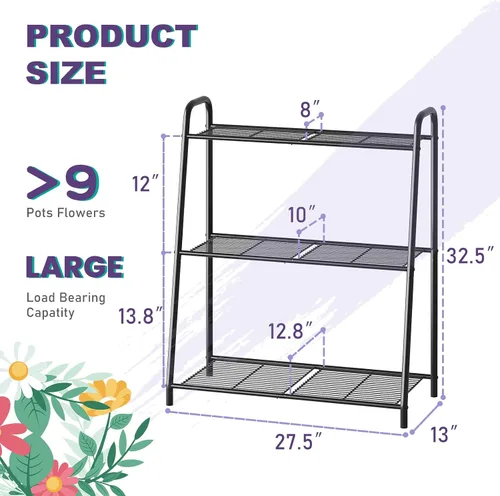 Miniatura 2 de Soporte esquinero de 3 niveles, estante de metal negro para macetas, estante resistente para interiores y exteriores (negro, 3 niveles)