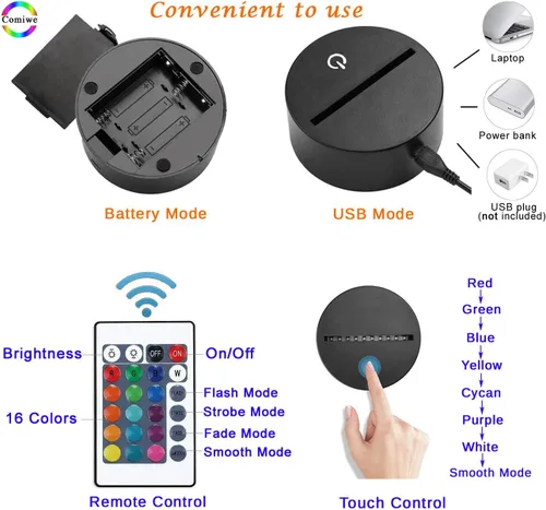 Miniatura 4 de Dolphin - Luz nocturna de ilusión 3D, lámpara de noche LED regulable de 16 colores con control táctil y remoto, USB y alimentada por batería
