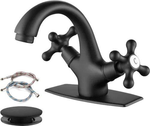 gotonovo Grifo de lavabo de baño de un solo agujero, doble mango cruzado, pomos mezcladores para lavabo con drenaje desplegable y placa de cubierta