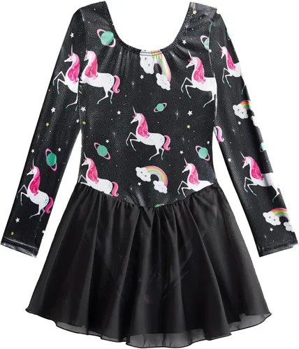 Miniatura 98 de EQSJIU Leotardo de baile de manga larga para niñas, vestido de ballet brillante con copo de nieve, tutú con falda tutú para niñas