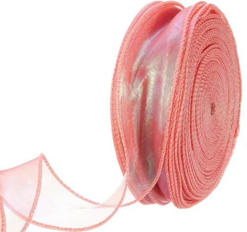Miniatura 33 de MECCANIXITY - Cinta de organza con cable de 1 1/2" de ancho, brillante, transparente, con brillo irisado en tonos pastel, cinta de gasa para Beige