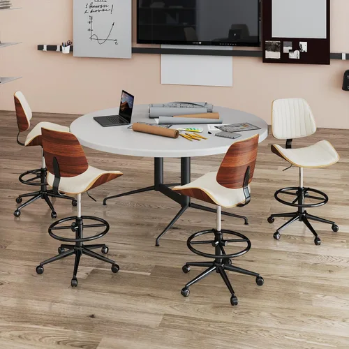 Miniatura 7 de Silla de dibujo, silla de oficina ergonómica con respaldo de madera de nogal, silla de escritorio de piel sintética sin brazos con altura ajustable