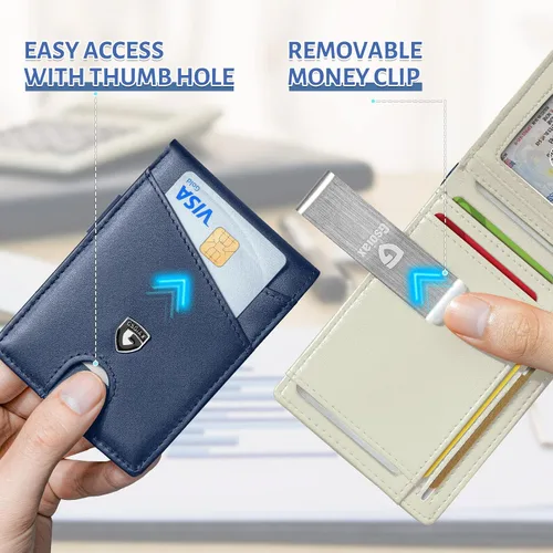 Miniatura 19 de GSOIAX Cartera delgada de cuero plegable RFID para hombre, billetera minimalista con bolsillo frontal con clip para dinero, 12 ranuras para Negro
