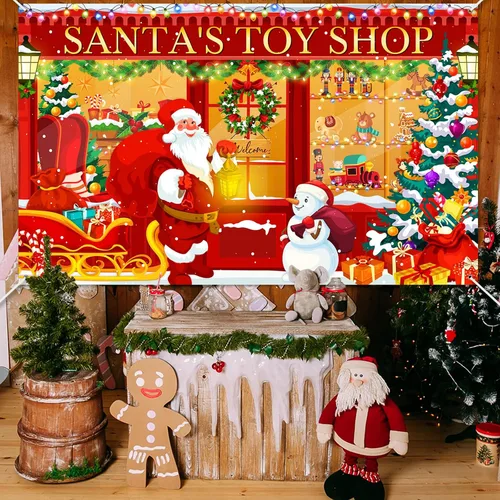 Miniatura 2 de Avezano Telón de fondo de Navidad, pancarta roja de la tienda de juguetes de Santa para fotografía, fondo de tienda de Navidad, decoración