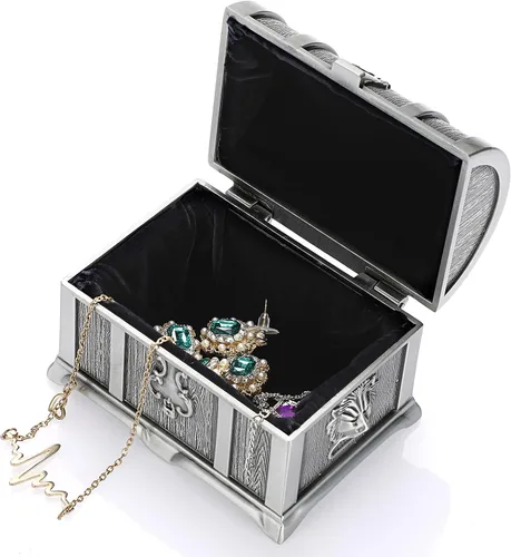 Miniatura 4 de Hipiwe Joyero de metal vintage, baúl del tesoro, aretes, collar, recuerdo, regalo para niñas, damas y mujeres (tamaño pequeño)