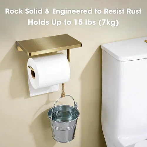 Miniatura 6 de TRUSTMI Soporte de papel higiénico con estante para teléfono, accesorios de baño, dispensador de rollo de pañuelos, almacenamiento, montaje en Oro