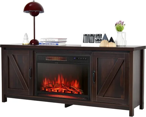 Tangkula Soporte de TV con chimenea para televisores de hasta 65 pulgadas, mesa consola multimedia con puertas de granero, calentador eléctrico con