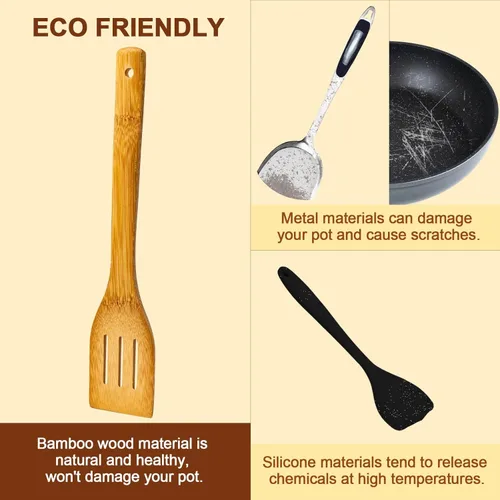 Miniatura 6 de Eisinly Cucharas de madera para cocinar, 7 piezas, juego de utensilios de cocina de madera antiadherentes, cuchara de espátula de madera duradera