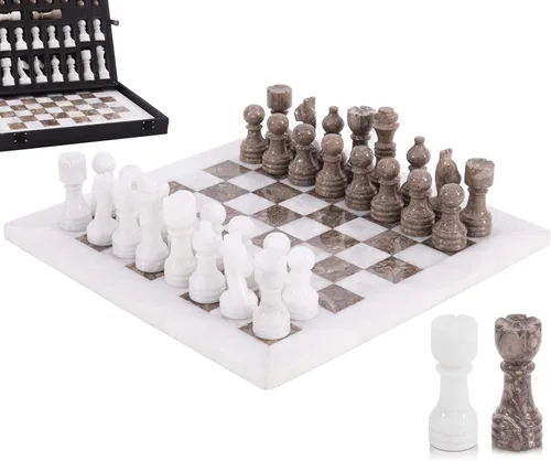 Miniatura 12 de Juego de ajedrez de mármol de 12 pulgadas hecho a mano coral y marrón oscuro con caja de almacenamiento, juego de ajedrez de viaje clásico