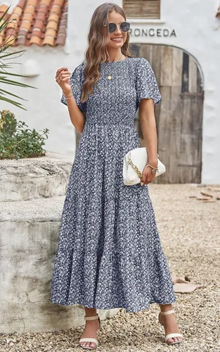 Miniatura 7 de PRETTYGARDEN Vestido largo casual de verano para mujer, de manga corta, bohemio, floral, cuello redondo, fruncido y escalonado