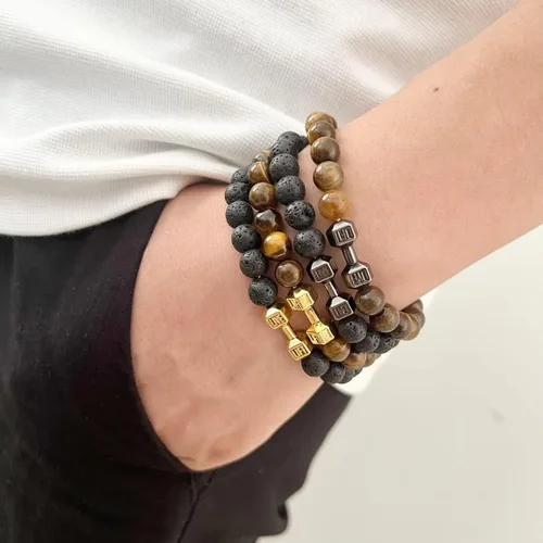 Miniatura 8 de Pulsera de mancuernas negra hecha a mano, para gimnasio, hermanos, fitness, piedra volcánica, piedra de lava volcánica, ajustable, pulsera