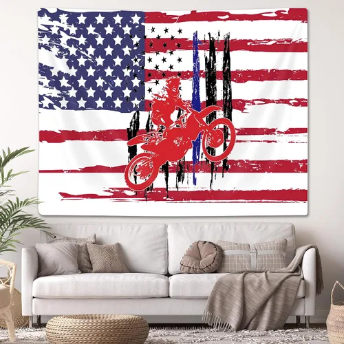 Miniatura 3 de Tapiz de bandera de motocross para colgar en la pared, diseño de bandera de grunge, tapiz deportivo de pared para dormitorio, sala de estar, hogar