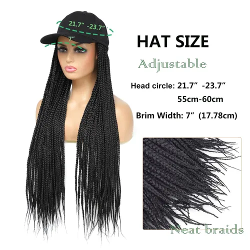 Miniatura 3 de Gorra con peluca para mujeres con gorra de béisbol y cabello trenzado adjunto, peluca de trenzas negras sintéticas, gorra ajustable con trenzas