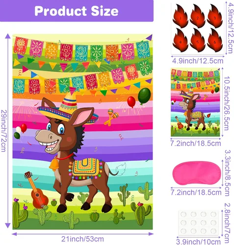 Miniatura 2 de NEBURORA Pin The Tail on The Donkey Juego de burro mexicano con 24 colas para fiesta del Cinco de Mayo, fiesta mexicana, fiesta temática de taco