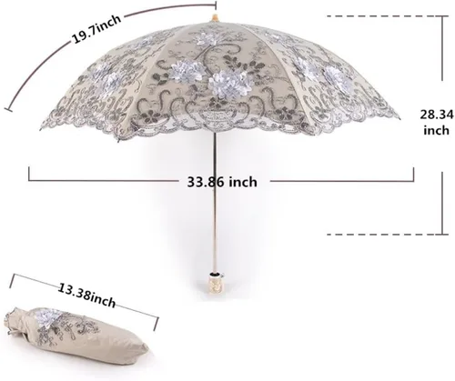 Miniatura 6 de Honeystore Sombrilla bordada con flor 3D plegable UV con encaje clásico